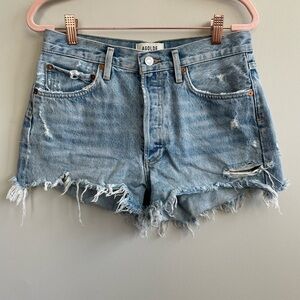 Agolde High Waist Cut Off Blue Denim Shorts Hidden Button Fly Raw Hem Distressed